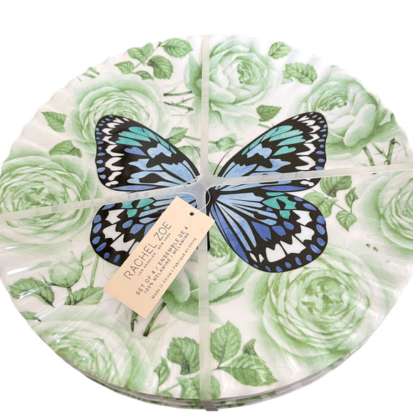 RACHEL ZOE Spring Floral Butterfly Melamine 10.75" Dinner Plates Set of 4 NEW - Picture 7 of 7